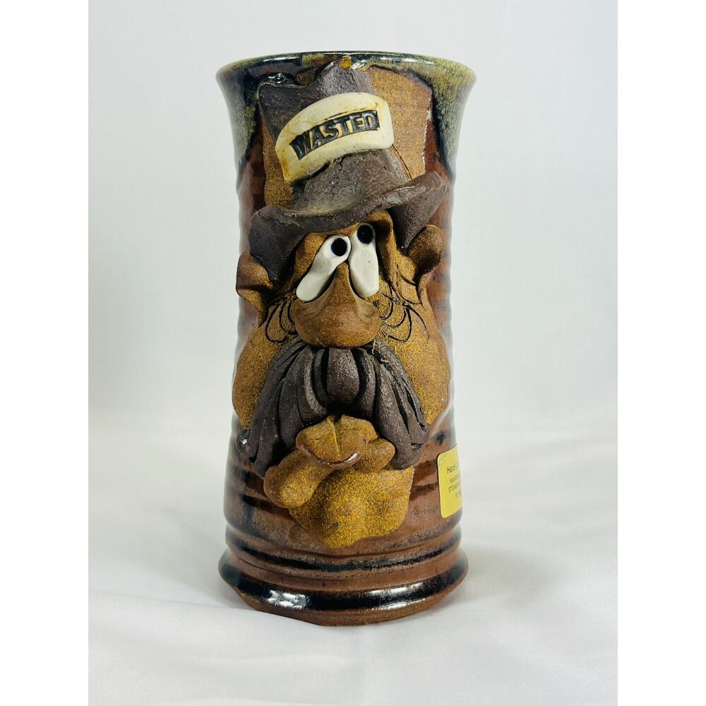 Mahon Hand Crafted Wasted Pottery Mug Stein Mustache Drunk Bar Beer Ceramic
